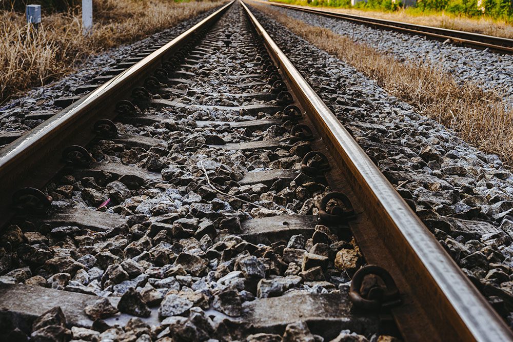 A pair of railway tracks stretching into the distance, flanked by dry grass and some greenery.