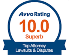 Avvo Rating 10.0 Superb badge for Top Attorney in Lawsuits & Disputes, featuring a blue and orange design.